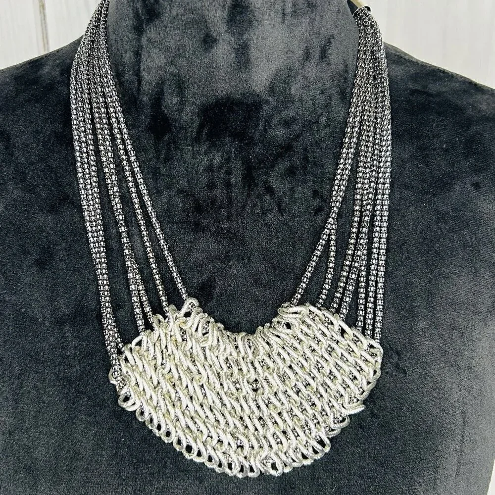 Silver Tone Chain Mail Bib Multi-Strand Necklace 20